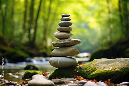 Peaceful Natural Setting with Balanced Stone Tower