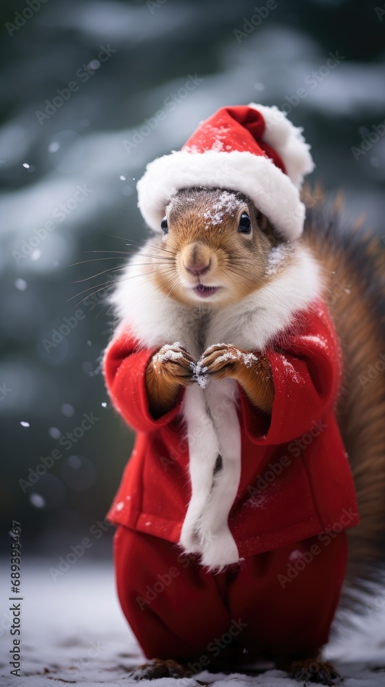 Cute squirrel red santa hat background snow postcard fluffy animals gift red winter photo Cute squirrel red santa hat background snow postcard fluffy animals gift red winter photo