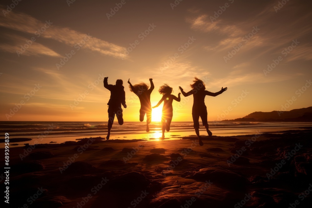 Golden hour beach scene, four friendsâ€™ silhouette jumping, backlit soft lighting