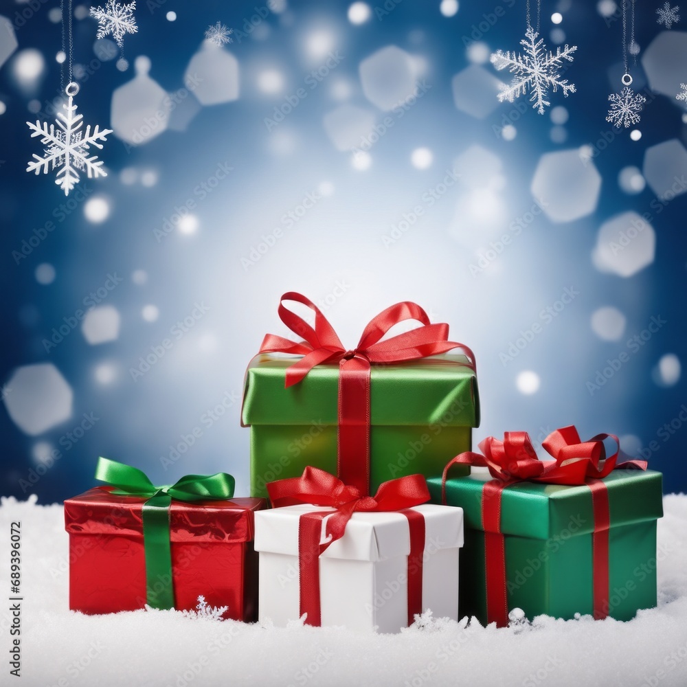 Christmas Gifts box on a snowy background, A bokeh background effect. Christmas Gifts box on a snowy background, A bokeh background effect.