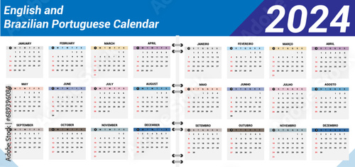 2024 Calendar in English and Brazilian Portuguese Language