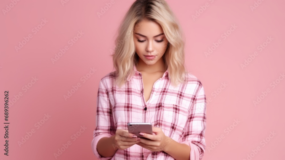 Portrait of thoughtful clever business lady wear plaid shirt smartphone looking interface new website Portrait of thoughtful clever business lady wear plaid shirt smartphone looking interface new website