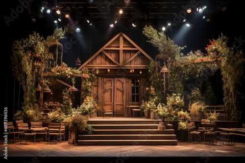 A rustic-themed stage adorned with wooden elements, wildflowers, and warm lighting, evoking a charming countryside vibe.