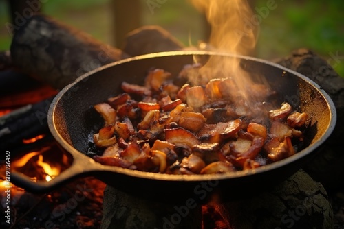 Fried mushrooms and bacon in a pan in the woods on fire. Food in nature