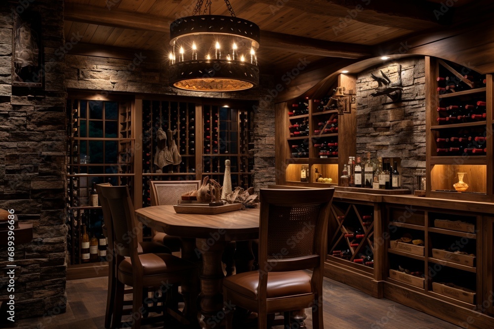 A rustic yet refined wine cellar featuring wooden shelves, inviting mood lighting, and vintage decor, perfect for wine connoisseurs.