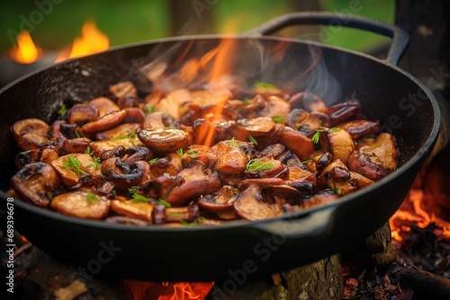 Fried mushrooms and bacon in a pan in the woods on fire. Food in nature