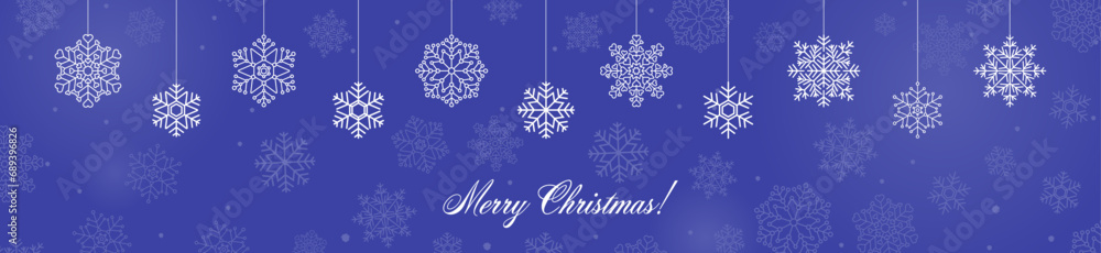 Fototapeta premium Merry Christmas banner design with snowflake vector illustration. Winter holidays concept card design to use for merry christmas cards, winter banner advertising, holiday greetings. 