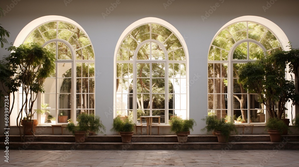 A sequence of arched windows framing a serene courtyard.