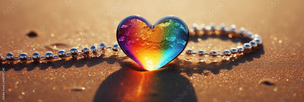 Naklejka premium Rainbow glass heart on sandy light background, glass beads. Red, orange, burgundy, blue, yellow and green heart-decorations. Spa salon concept, woman day, Valentine design, home decoration