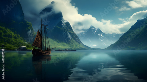 ship on a mountainlake, scenery, nature, mountains, lake