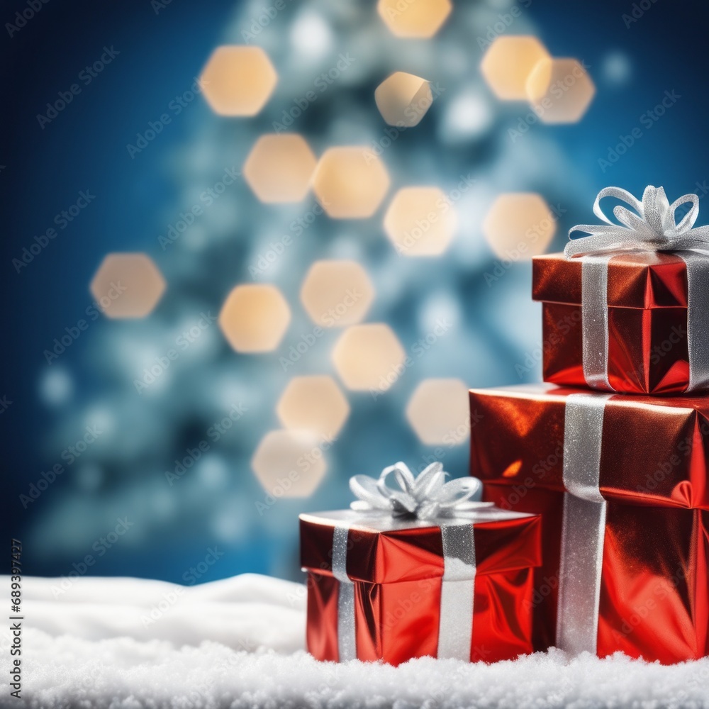 Christmas Gifts box on a snowy background, A bokeh background effect. Christmas Gifts box on a snowy background, A bokeh background effect.