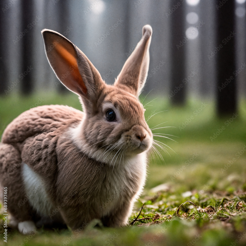 Fototapeta premium Close-up photo of a rabbit, forest, haze, halo, bloom, dramatic atmosphere