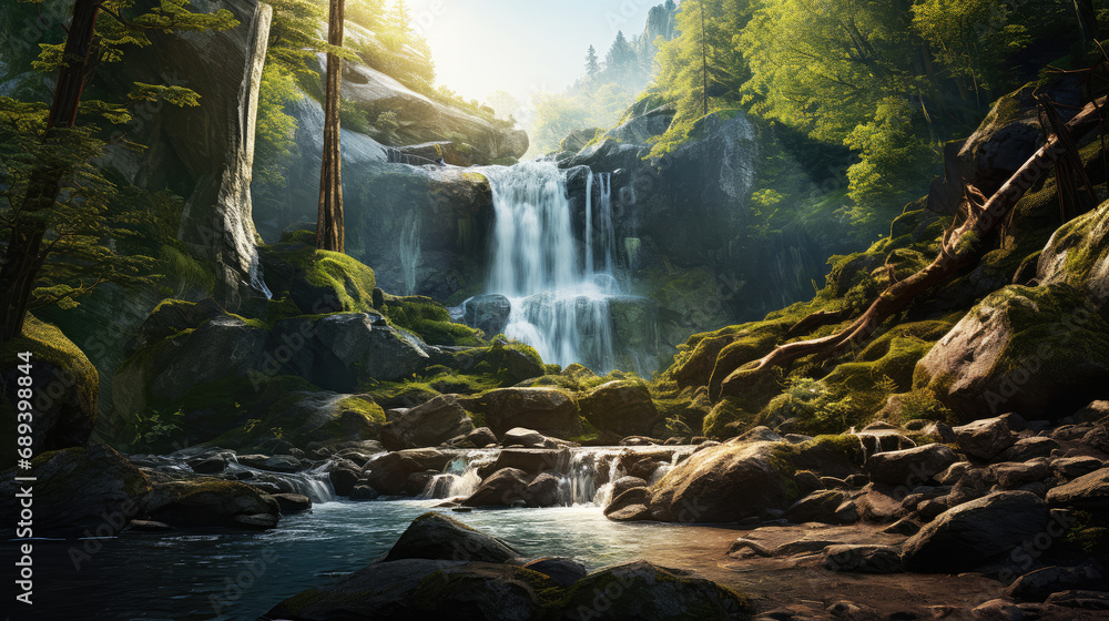 Majestic forest waterfall, nature's serenity scene with tranquil pool below, lush greenery and moss-covered stones, sense of peacefulness and untouched beauty of nature in forest ecosystem - obrazy, fototapety, plakaty 