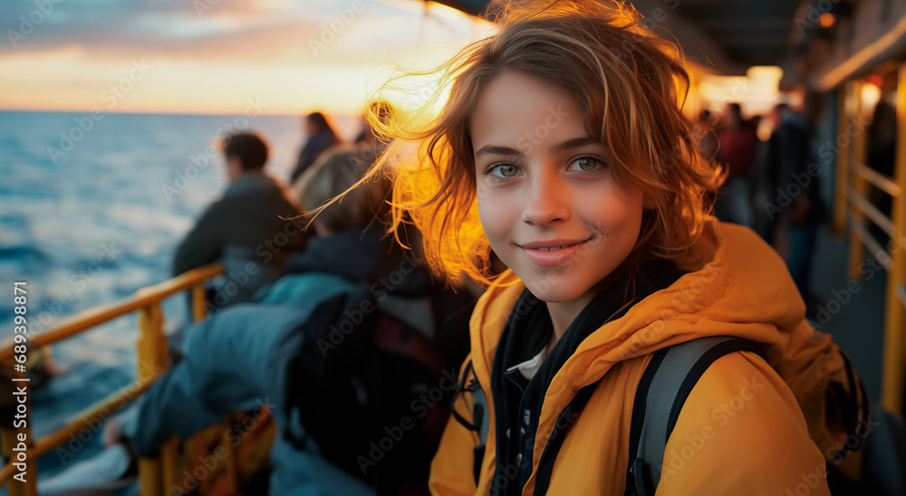 Young, independent girl traveling by boat with a backpack. Concept of freedom and self-sufficiency. 3