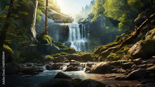 Majestic forest waterfall  nature s serenity scene with tranquil pool below  lush greenery and moss-covered stones  sense of peacefulness and untouched beauty of nature in forest ecosystem