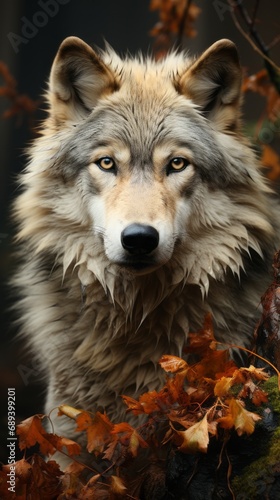 Head and shoulders image of a Timber Wolf , with a woodland back ground