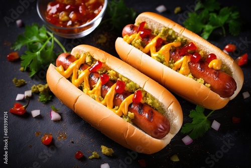 Grilled hot dogs with mustard, ketchup and relish on a picnic napkin