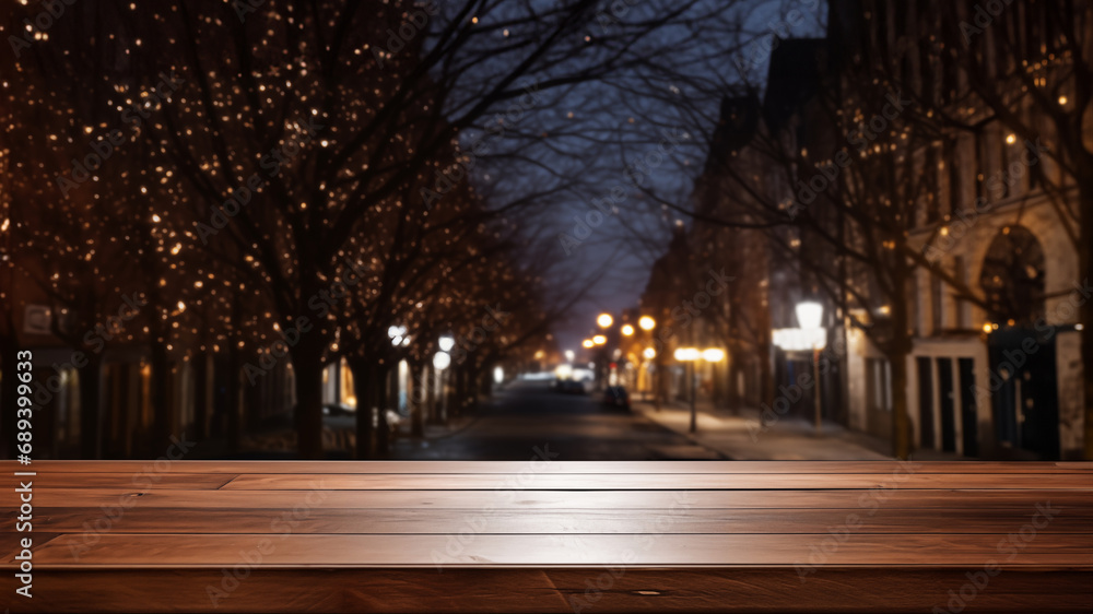 Empty wood table for product display in blur background of admirable restaurant at night