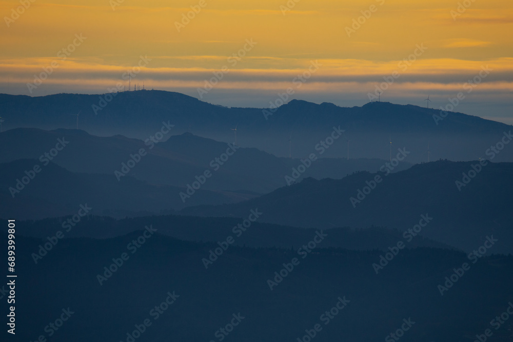 Cold Mountain Layers during a Winter Sunset in the North of Portugal, Geres National Park.