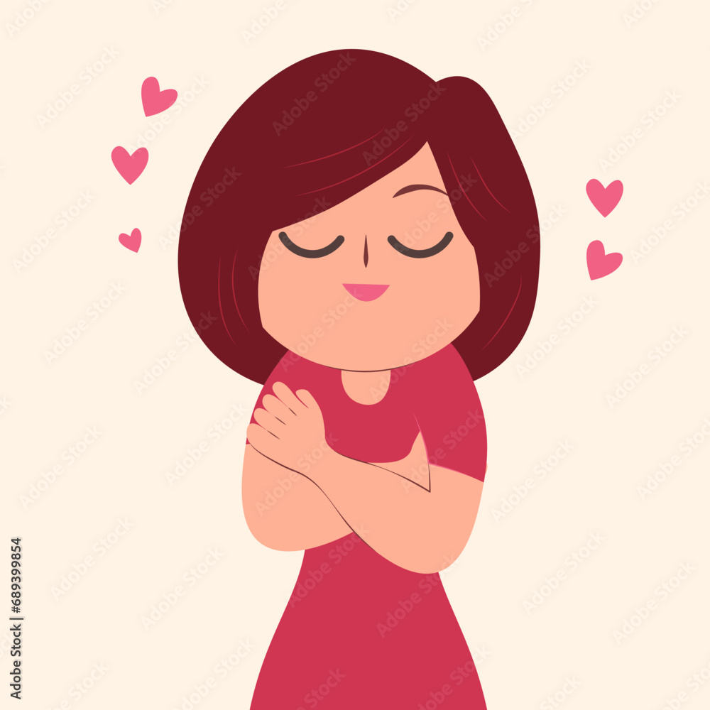 A cute young woman hugging herself . Love yourself. Taking care of yourself, accepting yourself. Vector illustration. A cute young woman hugging herself . Love yourself. Taking care of yourself, accepting yourself. Vector illustration.