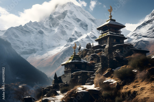 Himalaya temple, big mountains, buddhist temple, spirituality, church, sacret place