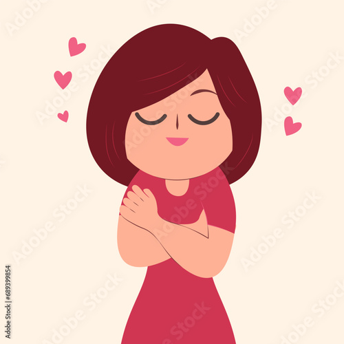 A cute young woman hugging herself . Love yourself. Taking care of yourself, accepting yourself. Vector illustration.