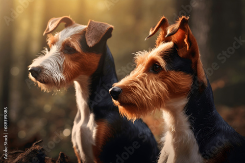 Two black, brown and white rough haired wire fox terrier dogs in forest nature close up photography, hunting breed