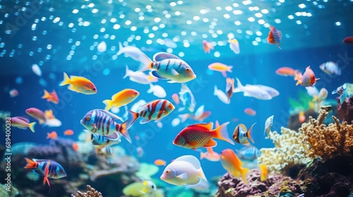 A beautiful display of colorful fish swimming in a well-lit aquarium.