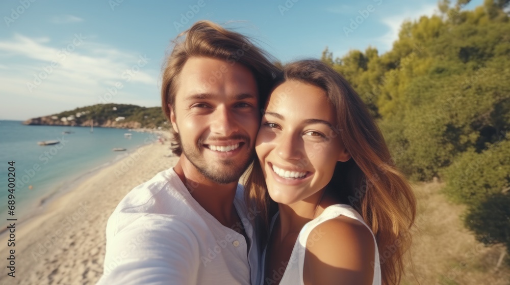 A couple smiling and embracing each other at the beach on a sunny summer day, radiating happiness and love. A couple smiling and embracing each other at the beach on a sunny summer day, radiating happiness and love.