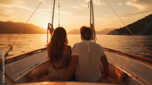 A couple savoring the enchanting beauty of a sunset boat ride, immersed in pure wanderlust happiness.