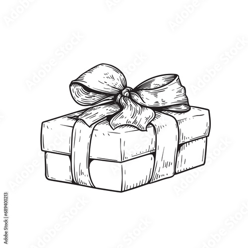 Hand drawn sketch gift box with bow and ribbon. Best for birthday, festive events designs. Vector illustration on white.