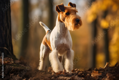 Photography of cute rough haired wire fox terrier dog breed standing in sunny forest nature, hunting dog