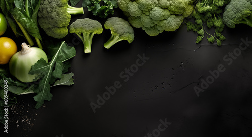 Fresh broccoli and cabbage, dill and peking cabbage, onion, florets on black background.  Vegan diet food concept. Top view with copy space photo