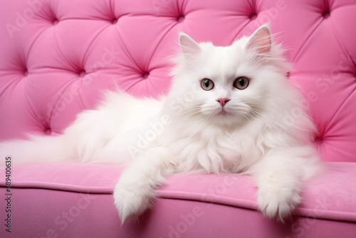 White fluffy cat lying down on pink sofa. Adorable furry domestic little kitty