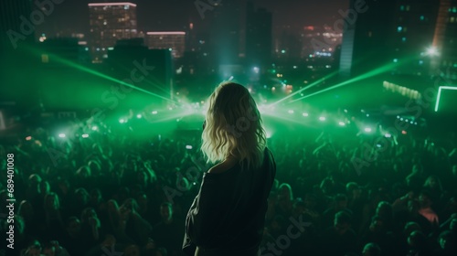 blonde girl with performing on a stage in front of a big crowd, back shot, neon aesthetic