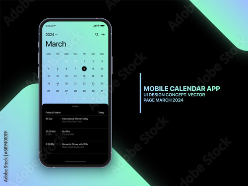 Vector Mobile Calendar App March 2024 Page with To Do List and Tasks UI UX Design Concept on Isolated Photo Realistic Smart Phone Screen Mockup. Smartphone Business Planner Application Template