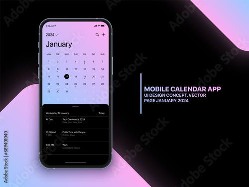 Vector Mobile Calendar App January 2024 Page with To Do List and Tasks UI UX Design Concept on Isolated Photo Realistic Smart Phone Screen Mockup. Smartphone Business Planner Application Template