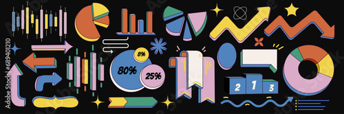 Business data marketset elements. Pie, Line, Candlestick Chart. Charts and graphs. Planning and visualization of statistics. Isolated Design in 2d flat cartoon style for web, social media, print