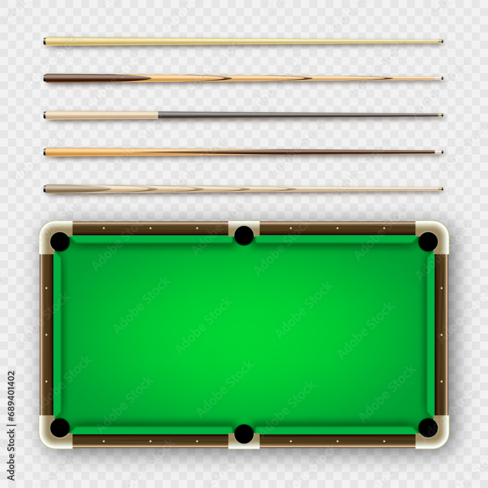 Obraz premium Various wooden billiard cues and green pool table. Snooker sports equipment. Vintage cue. Recreation and hobby, competitive game. Vector illustration