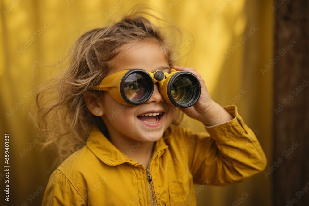 Smiling happy girl exploring and discovering the world with amazement,with binoculars. The girl has a happy expression, her eyes and mouth wide open.yellow solid background
Smiling happy girl exploring and discovering the world with amazement,with binoculars. The girl has a happy expression, her eyes and mouth wide open.yellow solid background