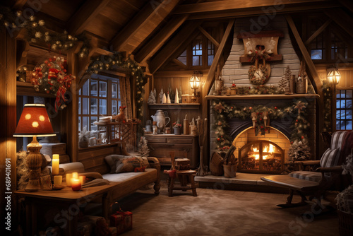 Spacious Cozy Cabin with Fireplace, Blankets on Couch, Christmas Decorations, and Majestic Daytime Mountain Views