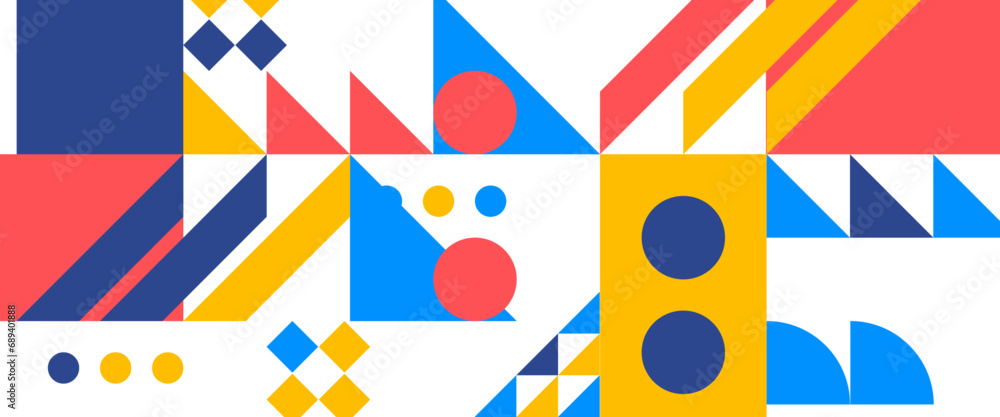 Geometric minimal pattern mosaic. Simple colorful circle shapes, modern bauhaus banner vector design Suit for wallpaper, business, corporate, institution, party, festive, seminar, and talks Geometric minimal pattern mosaic. Simple colorful circle shapes, modern bauhaus banner vector design Suit for wallpaper, business, corporate, institution, party, festive, seminar, and talks