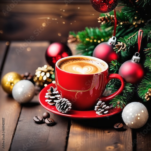 Coffee cup with Christmas ornaments and decoration on table with kitchen blurred background