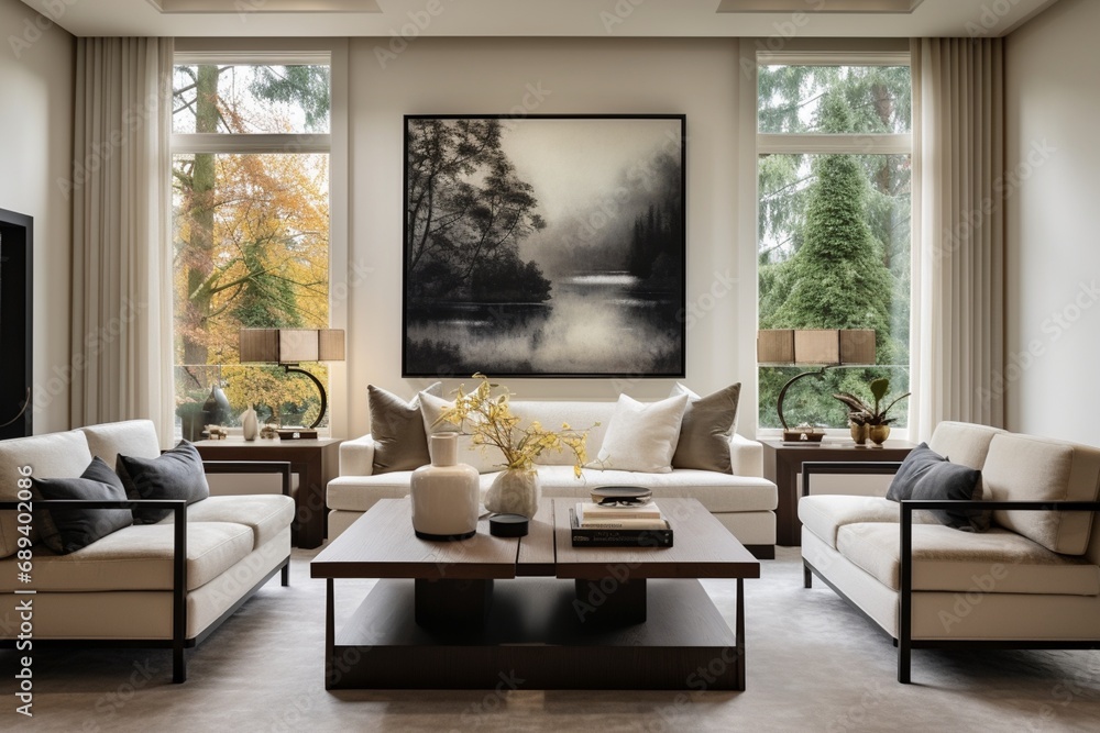 A sophisticated living room with minimalist furnishings, striking art pieces, and innovative lighting, offering a serene yet stylish ambiance in a Bellevue home.