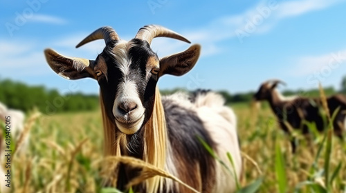 Domestic goats graze in the field in summer. generative ai