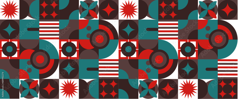 Obraz premium Geometric minimal pattern mosaic. Simple colorful circle shapes, modern bauhaus banner vector design Creative concept for business, technology, science or print design