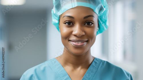 Portrait of a black nurse doctor woman looking at the camera with a smile on a white bright blurred hospital background