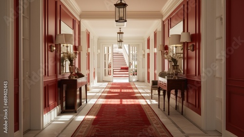 A sophisticated red and white hallway with white walls  a red runner rug  white-framed mirrors  and wall sconces casting a warm glow.