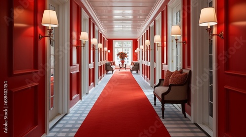A sophisticated red and white hallway with white walls, a red runner rug, white-framed mirrors, and wall sconces casting a warm glow.