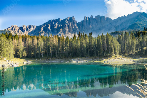 Karersee, Carezza lake, is a lake in the Dolomites photo